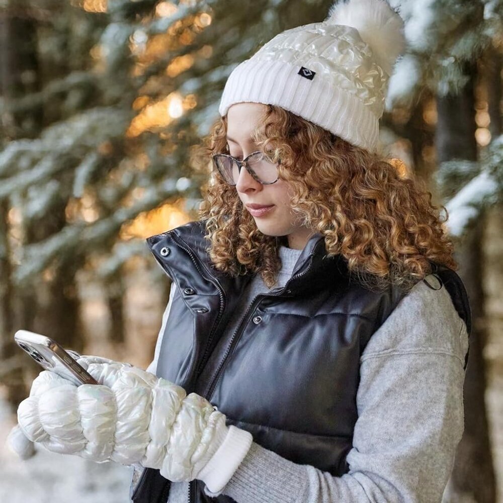 Women's Fleece Lined Puffer Mittens Gloves Metallic Knit Cuff Cold Weather - Picture 4 of 9